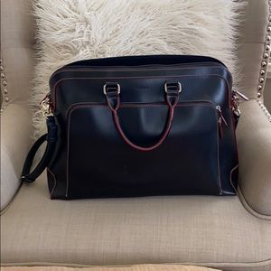 Lodis black leather laptop bag red piping